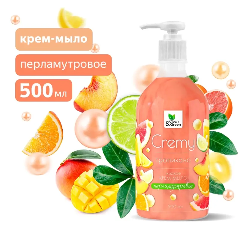 Крем-мыло жидкое с перламутром "Soapy"(Cremy) тропикано с дозатором 500 мл. Clean&Green CG8303