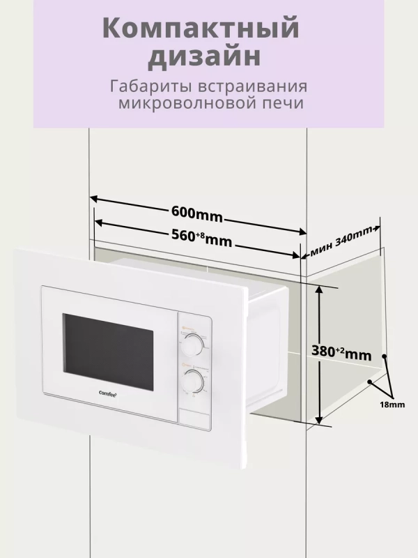Встраиваемая микроволновая печь CBM2000W, 20 л, 5 мощностей Встраиваемая микроволновая печь CBM2000W, 20 л, 5 мощностей