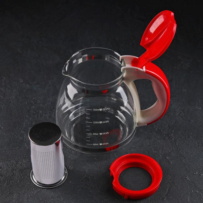 Чайник стеклянный заварочный, 1,5 л, с металлическим ситом, цвет МИКС Чайник стеклянный заварочный, 1,5 л, с металлическим ситом, цвет МИКС
