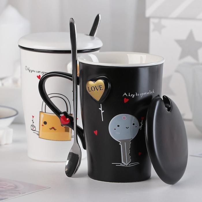 Набор кружек керамических с крышками и ложками &laquo;Узы любви&raquo;, 2 предмета: 400 мл, цвет МИКС