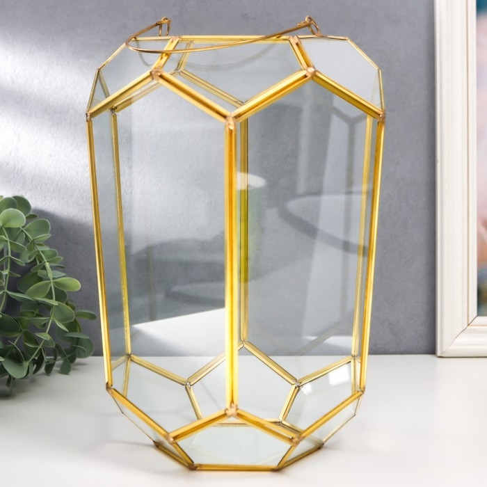 Подсвечник-ваза стекло металл на 1 свечу "Пятиугольные грани" золото, с ручкой 26х18х20 см