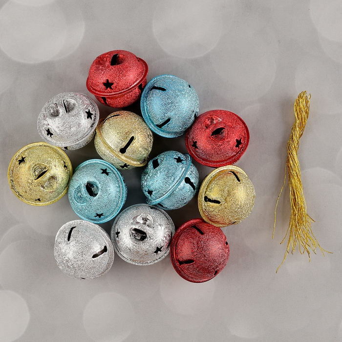 Бубенчики, набор 12 шт., размер 1 шт. — 3 × 3 см, цвет серебряный, золотой, красный, голубой
