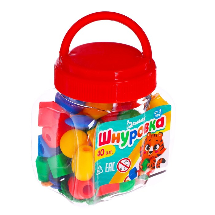 Шнуровка в банке 40 элементов «Весёлые бусинки», по методике Монтессори Шнуровка в банке 40 элементов «Весёлые бусинки», по методике Монтессори