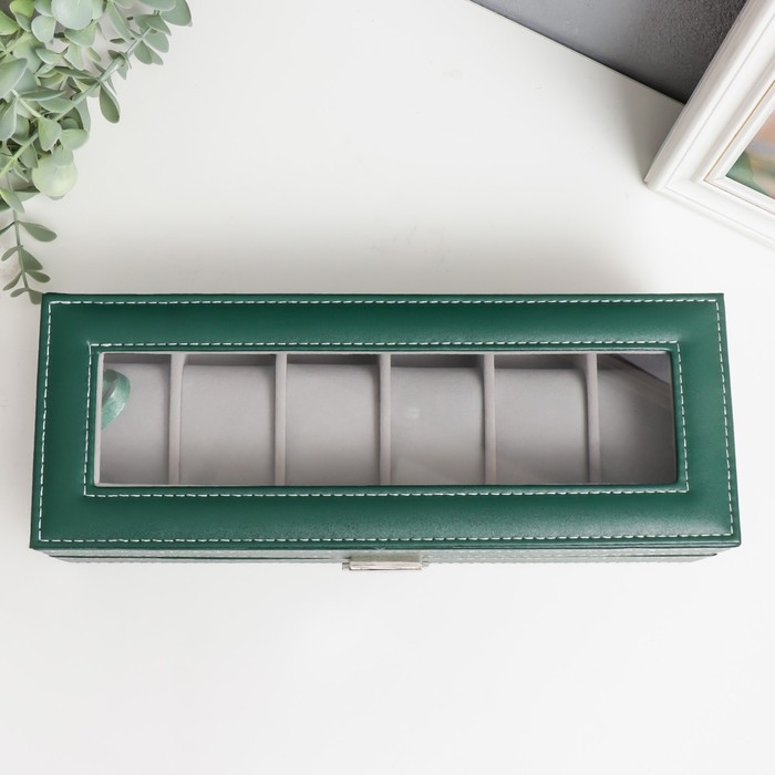 Шкатулка кожзам под часы 6 отделений  Шкатулка кожзам под часы 6 отделений "Зелёная с белой строчкой" 8х30х11 см