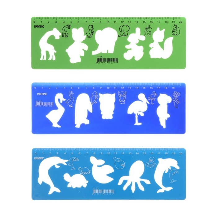 Набор трафаретов животные 3 штуки, Calligrata, + линейка 20 см, МИКС Набор трафаретов животные 3 штуки, Calligrata, + линейка 20 см, МИКС