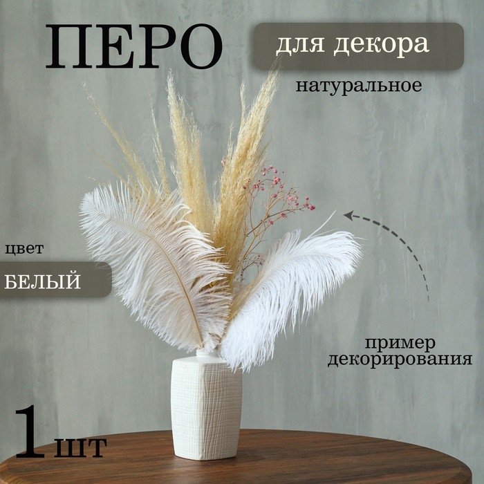 Перо для декора, размер: 25-30 см, цвет белый Перо для декора, размер: 25-30 см, цвет белый