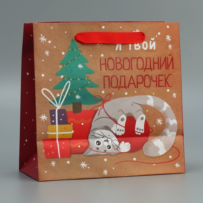 Пакет подарочный новогодний крафтовый квадратный «Подарочек», 22 х 22 х 11 см, Новый год Пакет подарочный новогодний крафтовый квадратный «Подарочек», 22 х 22 х 11 см, Новый год