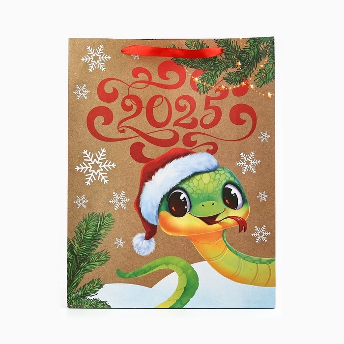 Пакет подарочный новогодний крафтовый вертикальный «Змея 2025», L 31 х 40 х 11.5 см, Новый год Пакет подарочный новогодний крафтовый вертикальный «Змея 2025», L 31 х 40 х 11.5 см, Новый год