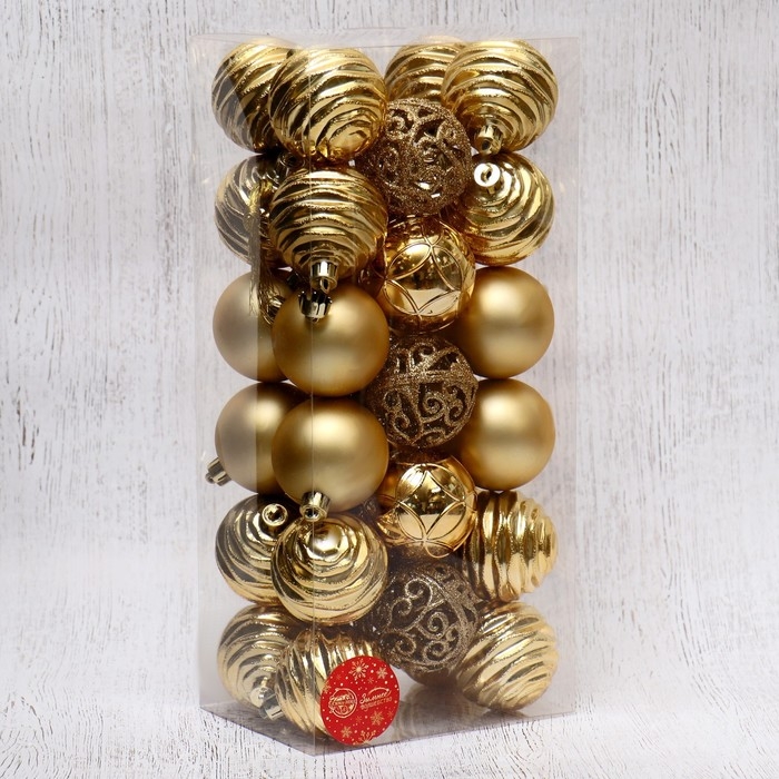 Набор шаров пластик d-6 см, 34 шт Набор шаров пластик d-6 см, 34 шт "Николь узоры" золото
