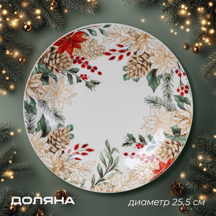 Тарелка новогодняя Доляна «Рождественский вечер», d=25,5 см, фарфор, цвет белый Тарелка новогодняя Доляна «Рождественский вечер», d=25,5 см, фарфор, цвет белый