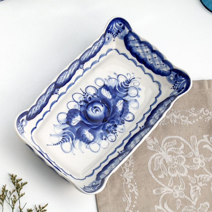 Лоток прямоугольный, гжель, фарфор, 26х15 см Лоток прямоугольный, гжель, фарфор, 26х15 см