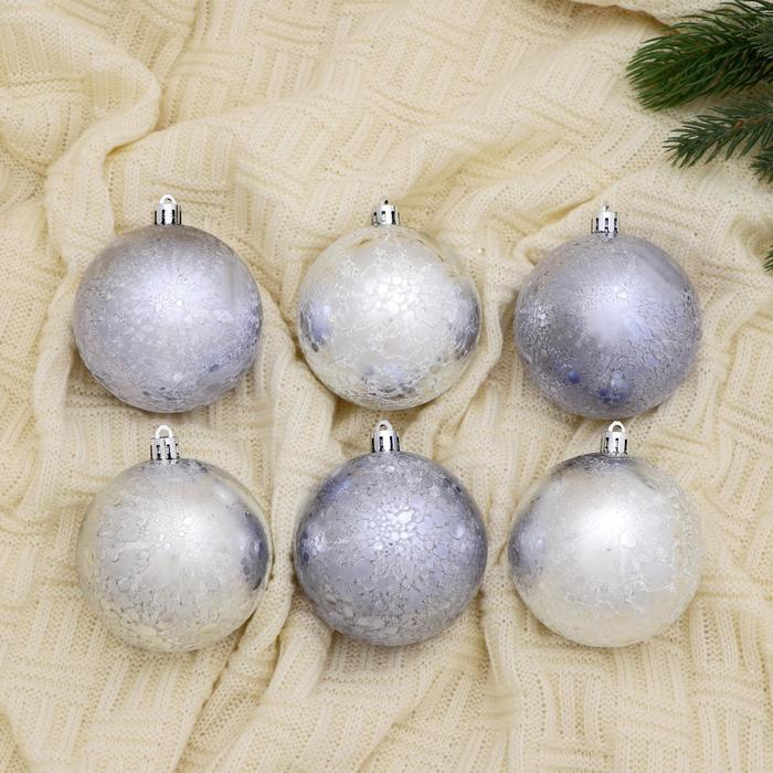 Набор шаров пластик d-8 см, 6 шт Набор шаров пластик d-8 см, 6 шт "Клоуд метелица" серебро сиреневый
