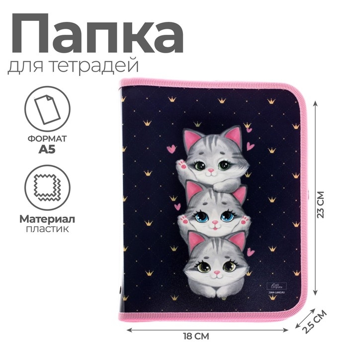 Папка для тетрадей А5, 180 х 230 х 25 мм, молния вокруг, пластиковая 0.5, ПМ-А5-04 Calligrata  Папка для тетрадей А5, 180 х 230 х 25 мм, молния вокруг, пластиковая 0.5, ПМ-А5-04 Calligrata "Котики"