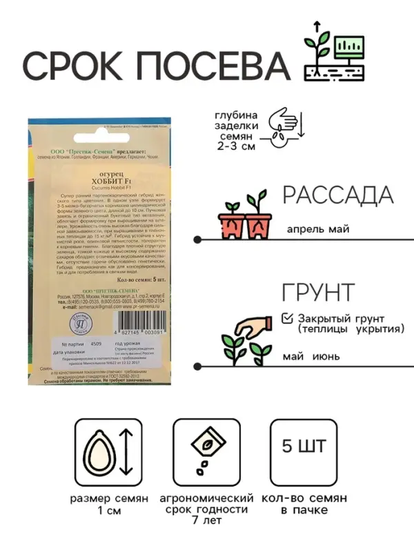 Семена Огурец  Семена Огурец "Хоббит" F1, раннеспелый, партенокарпический, 5 шт
