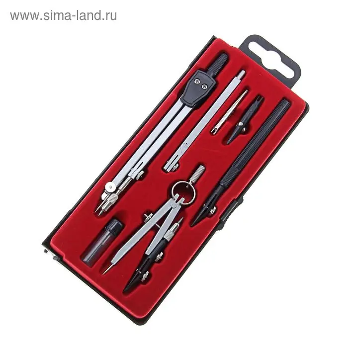 Набор чертежный Calligrata, 7 предметов (2 циркуля: 140 мм,110 мм, грифель, 2 рейсфедера, 2 удлинителя, центрик), в пластиковом пенале