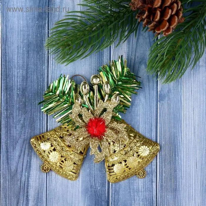 Ёлочная игрушка «Зимнее волшебство. Колокольчик двойной с цветком» пластик, 10х9 см, золото Ёлочная игрушка «Зимнее волшебство. Колокольчик двойной с цветком» пластик, 10х9 см, золото