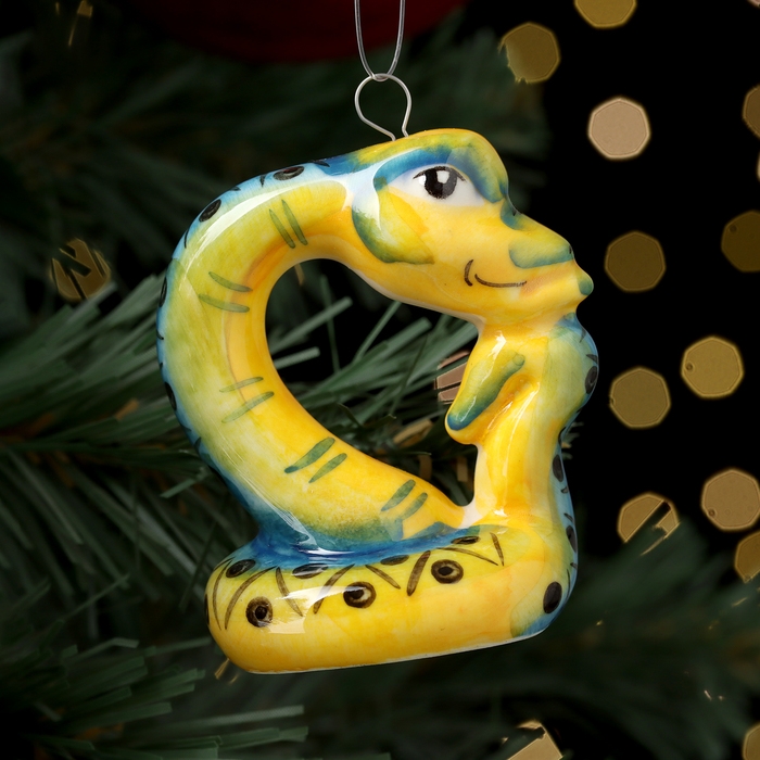 Новый год. Ёлочная игрушка символ года Новый год. Ёлочная игрушка символ года "Змей Мыслитель зелёный", 7 см, фарфор