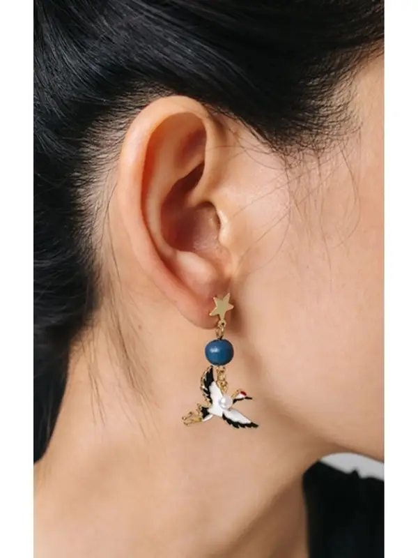 Серьги с жемчугом &laquo;Япония&raquo;, аист и звёзды, цветные в золоте