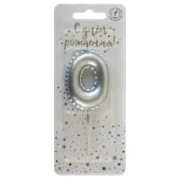 Свеча в торт на шпажке "Воздушая цифра", цифра "0", серебро