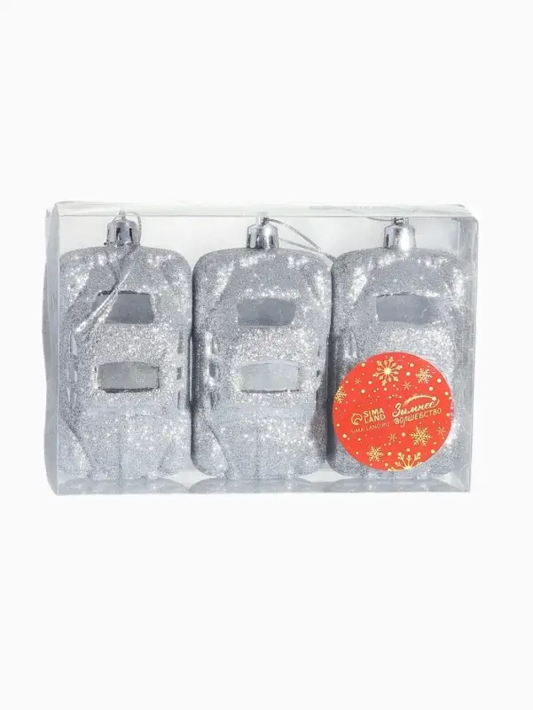 Ёлочные игрушки 3 шт., &laquo;Зимнее волшебство, Машинки&raquo; пластик, 9&times;3.5 см, серебро