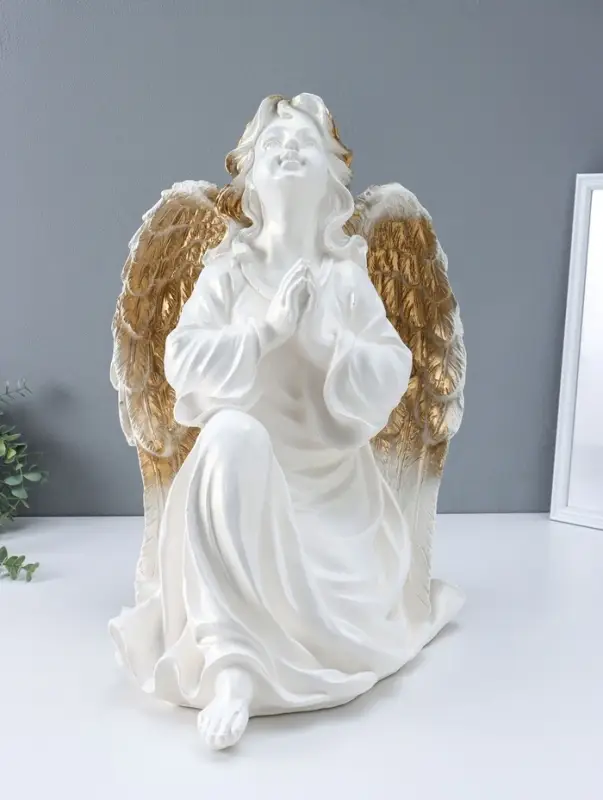 Фигура "Ангел на колене" большой, белый с золотом, 58х48х38 см