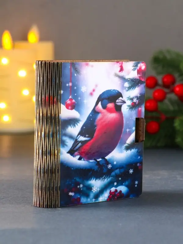 Шкатулка-конверт для для подарочных карт или денег № 1 "Снегирь на елке". 9,8х8,5х2 см.