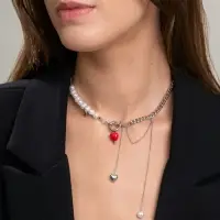 Колье с подвеской на цепочке &laquo;Сердце с жемчугом&raquo;, керамика, L=35 + удлинитель 5 см, белый, красный в серебре
