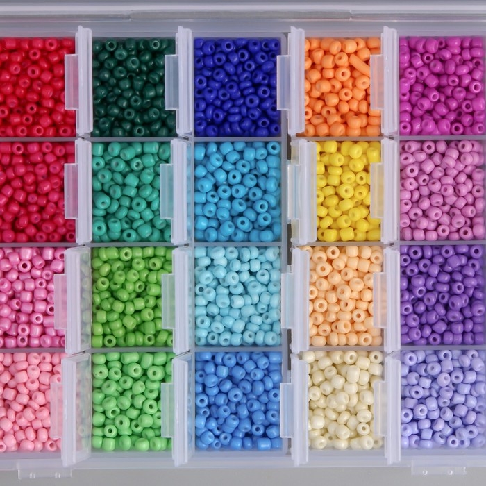 Бисер стекло 8/0 (3 мм) в шкатулке  Бисер стекло 8/0 (3 мм) в шкатулке "Яркий" 28 цветов х 10  гр + декор 17,5х10,5х2,4 см