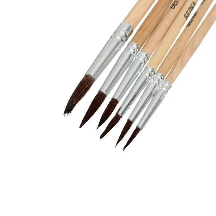 Набор кистей для рисования, белка, 6 штук: № 1, 2, 3, 4, 5, 6, круглые, деревянная ручка, международный размер