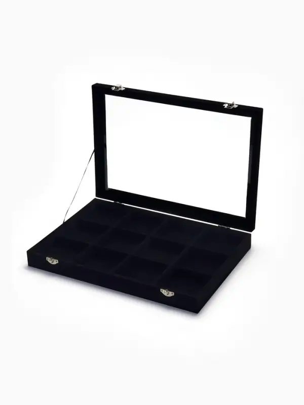 Шкатулка для украшений 12 ячеек, стеклянная крышка, 35&times;24&times;4.5 см, чёрная