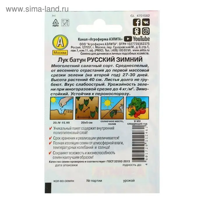 Семена Лук батун Семена Лук батун "Русский зимний" "Лидер", 1 г ,