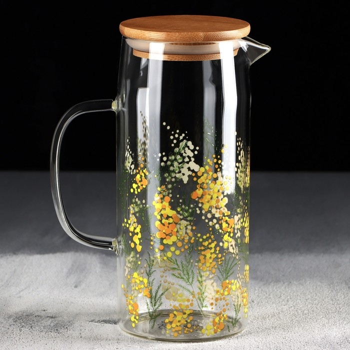 Кувшин стеклянный с бамбуковой крышкой «Нежная мимоза», 1000 мл, с крышкой Кувшин стеклянный с бамбуковой крышкой «Нежная мимоза», 1000 мл, с крышкой