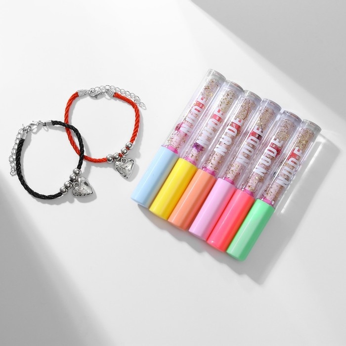 Набор 3 предмета: 2 браслета, блеск для губ «Неразлучники» сердечки, цвет чёрно-красный, 6 см