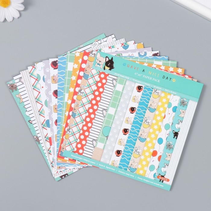 Набор бумаги для скрапбукинга 12 лист 12 дизайнов Набор бумаги для скрапбукинга 12 лист 12 дизайнов "Пёсики. Хороший день" 160гр 15,2х15,2 см 995446