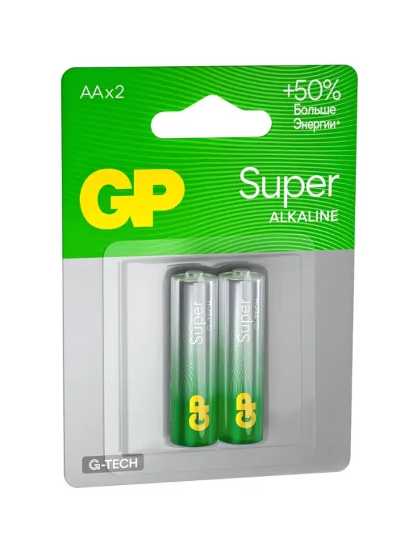 Батарейка алкалиновая GP Super, AA, LR6-2BL, 1.5 В, блистер, 2 шт.