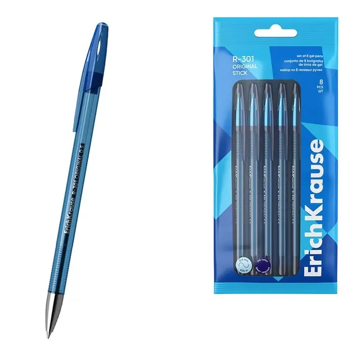 Набор ручек гелевых ErichKrause R-301 Gel Stick Original, 8 штук, узел 0.5 мм, синие