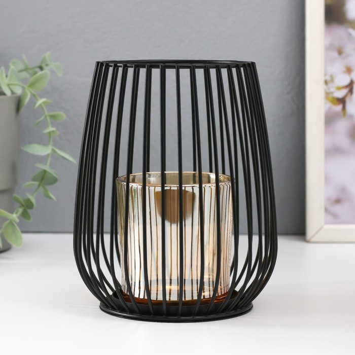 Подсвечник металл, стекло на 1 свечу Подсвечник металл, стекло на 1 свечу "Корзина с закруглёнными углами" чёрный 15х12,5х12,5 см 54140
