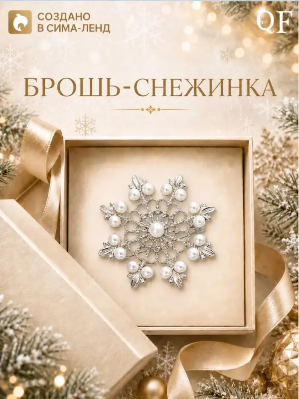 Брошь новогодняя &laquo;Снежинка лучистая&raquo;, белая в серебре