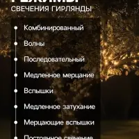 Гирлянда &laquo;Клип-лайт&raquo; 3 нити по 10 м, IP44, УМС, тёмная нить, 198 LED, свечение тёплое белое, 8 режимов, 24 В