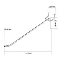 Крючок одинарный для металлической перфорированной панели, d=4 мм, L=20 см, шаг 25 мм