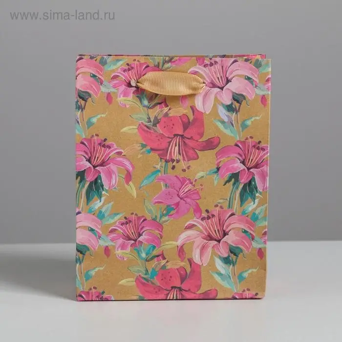 Пакет подарочный крафтовый, упаковка, &laquo;Цветы&raquo;, S 12 х 15 х 5.5 см