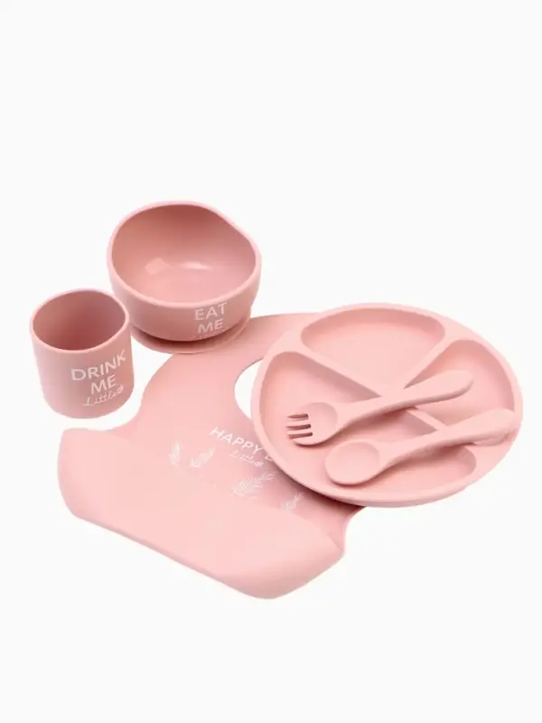 Детская посуда в наборе M&B: нагрудник, тарелка 2 шт., стакан, приборы, силикон, пыльная роза