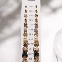 Серьги пусеты 12 пар One year, романтика, бело-серые в золоте