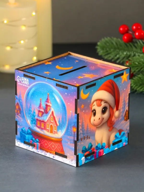 Деревянная копилка для денег &laquo;Лошадка новогодняя. Все сбудется&raquo;, куб, 10&times;10&times;10 см, (набор 7 деталей)