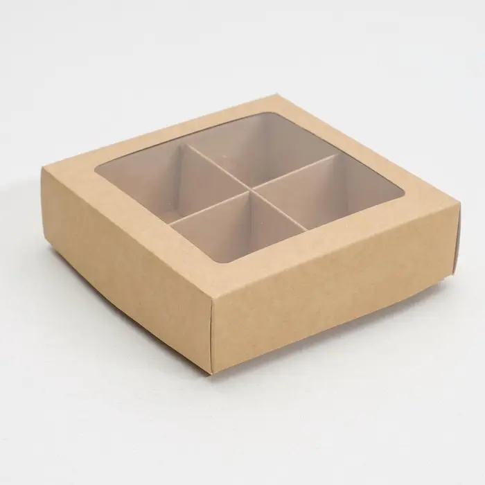 Коробка для конфет с окном, крафт 12.5&times;12.5&times;3.5 см