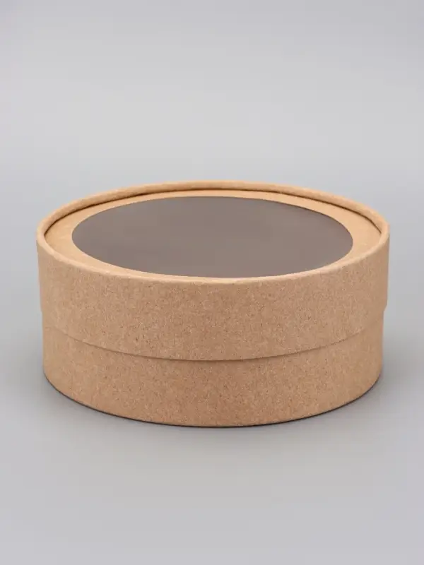 Коробка круглая подарочная, завальцованная с окном, крафт, 15&times;6 см