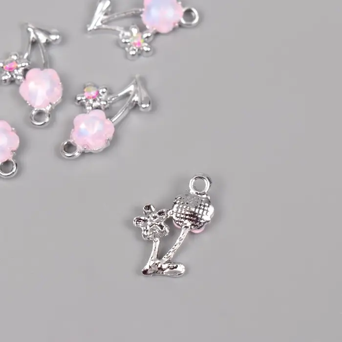 Декор для творчества металл, стразы "Цветочки" серебро, розовый 2,2х1,3х0,5 см