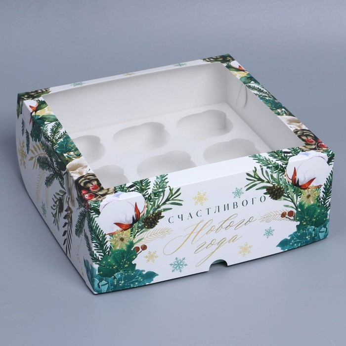 Коробка складная на 9 капкейков с окном «Счастливого Нового года», 25 х 25 х 10 см, Новый год Коробка складная на 9 капкейков с окном «Счастливого Нового года», 25 х 25 х 10 см, Новый год