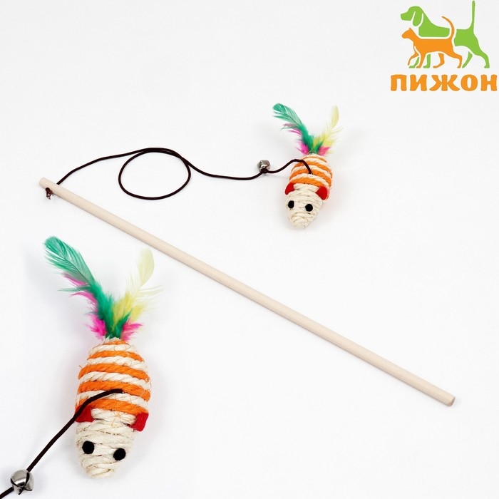 Дразнилка с  мышкой (7 см) на деревянной палочке, 40 см, оранжевая/белая Дразнилка с  мышкой (7 см) на деревянной палочке, 40 см, оранжевая/белая