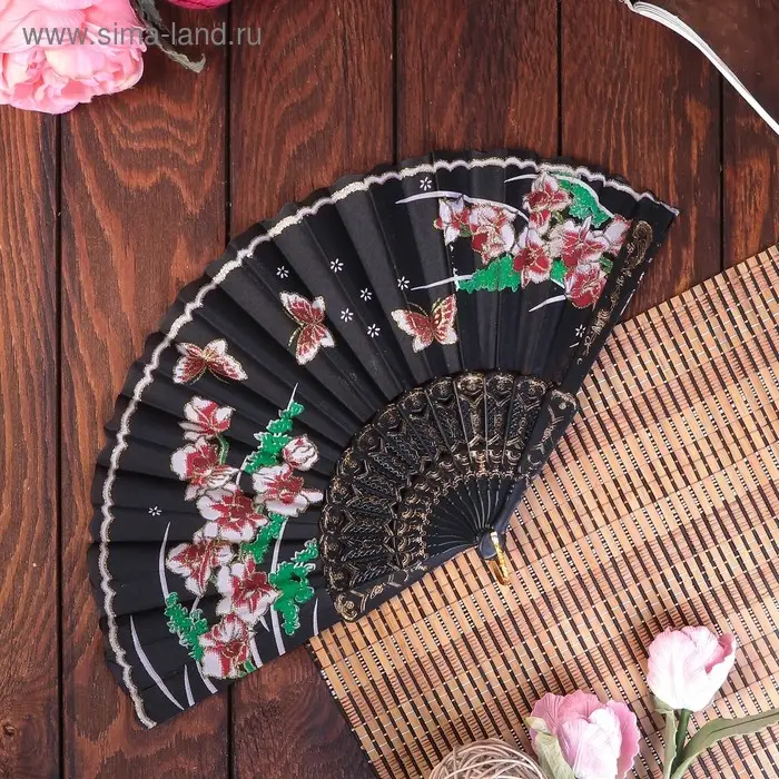 Веер складной &laquo;Полевые цветы&raquo;, блёстки под золото, 23 см, МИКС